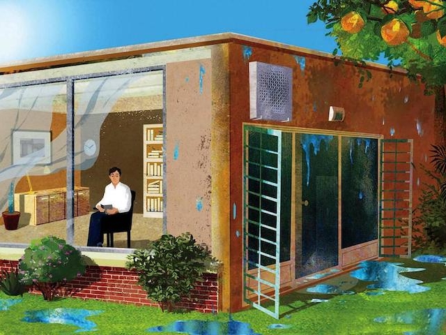 Illustration of a person sitting inside an air-conditioned house