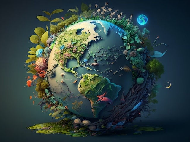3-D illustration of the Earth with plants growing out of it